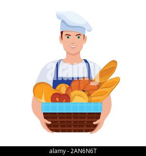 Baker holds a basket with fresh bread Stock Vector