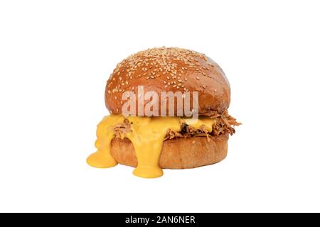 Delicious appetizing cheeseburger with sesame, with chopped chicken Isolated on white background Stock Photo