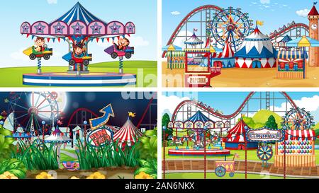 Four scenes with many rides in the fun fair illustration Stock Vector