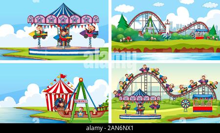 Four scenes with many rides in the fun fair illustration Stock Vector