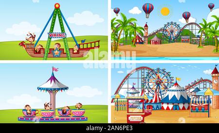 Four scenes with many rides in the fun fair illustration Stock Vector ...