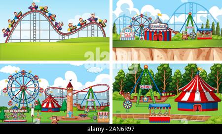Four scenes with many rides in the fun fair illustration Stock Vector