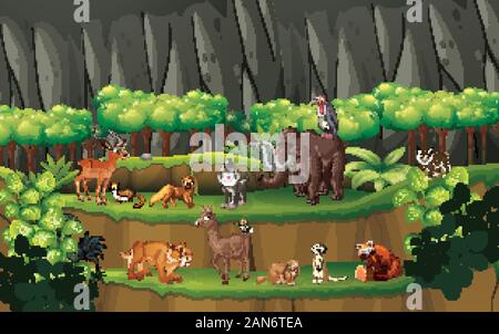 Scene with many animals in the forest illustration Stock Vector