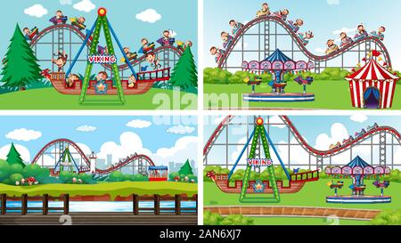 Four scenes with many rides in the fun fair illustration Stock Vector