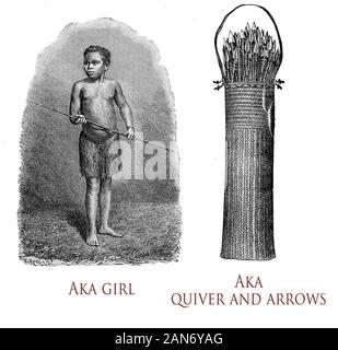 Aka girl and quiver with arrows. Aka people are a nomadic pygmy tribe, a traditional hunter-gatherer society with strong bond in the family and live in  Central Africa Stock Photo