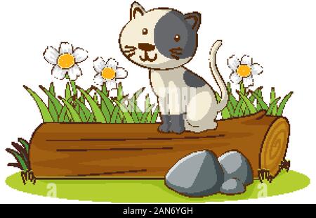 Isolated picture of cute cat on log illustration Stock Vector