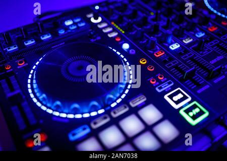 closeup view of a DJ's mixing desk Stock Photo