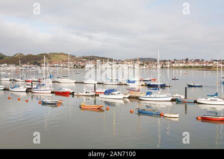 CONWY, UK - February 26, 2012. Yachts, sailing boats, moored in a marina on Welsh coast at Conwy, North Wales Stock Photo