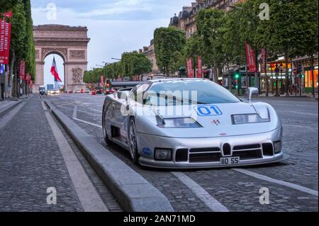 Bugatti EB110 Race car on the Champs Elyse Paris. Silver car 1995 GTS1 IMSA race car Stock Photo