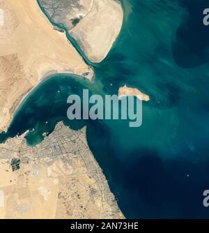 NASA satellite image Kuwait Sheikh Jaber Al-Ahmad Al-Sabah causeway 2019 Stock Photo