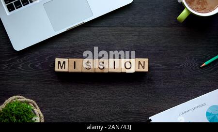 Mission word on wooden cubes, plan and goal achievement concept, organization Stock Photo