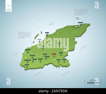 Stylized map of Honduras. Isometric 3D green map with cities, borders, capital Tegucigalpa, regions. Vector illustration. Editable layers clearly labe Stock Vector