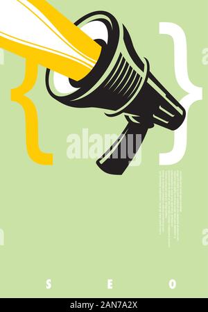 Search Engine Optimization marketing concept with megaphone and code symbols. Seo web banner poster for internet marketing. Stock Vector