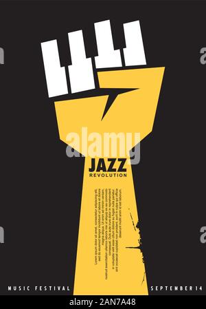 Poster idea for jazz festival. Unique creative music concept with fist shape and piano keys. Jazz concert vector flyer. Stock Vector