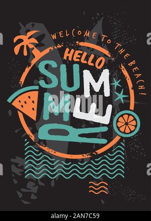 Hello summer retro t shirt design template with sea waves palm tree and seasonal summer fruits. Sun, beach and sea creative banner or card idea. Stock Vector