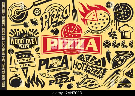 Pizza symbols, logos, signs, icons, emblems, ingredients and design elements collection. Vector food illustration. Stock Vector