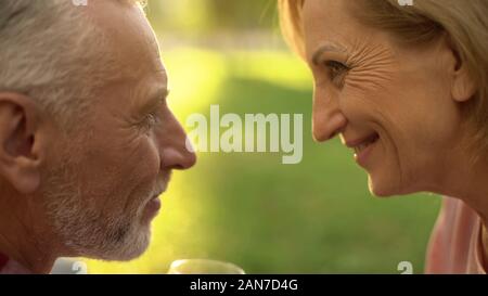 Smiling elderly couple looking at each other with love and tenderness, park date Stock Photo