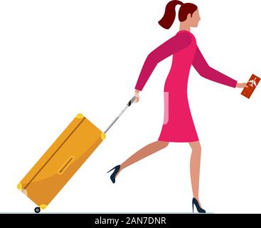 Young woman running with suitcase and flight ticket. Female in dress with luggage bag hurrying boarding to plane or missing flight. Tourist traveling concept vector illustration Stock Vector
