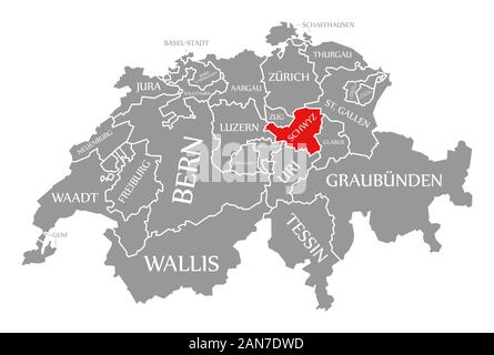 Schwyz red highlighted in map of Switzerland Stock Photo