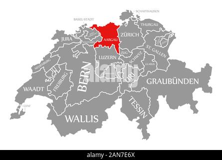 Aargau red highlighted in map of Switzerland Stock Photo