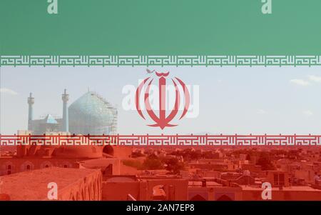 Big city square in Esfahan, Iran, with the Iranian national flag placed over it Stock Photo