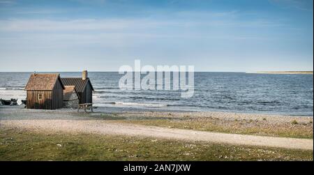 Old fishing huts at Helgumannen fishing village, Fårö, Gotland, Sweden. Scandinavia. Stock Photo