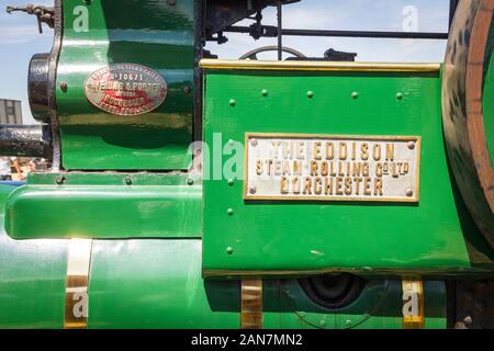 Close detail of a 1920s steam roller on show at an English Country fair in 2018 Stock Photo