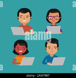 People are sitting at laptop on internet. Social network. E-learning, education vector Stock Vector