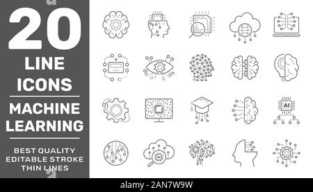 Deep machine learning and artificial intelligence technology concept. Simple icons set. Editable Stroke. EPS 10 Stock Vector