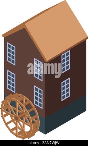 Water mill building icon, isometric style Stock Vector
