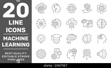 Artificial Intelligence and Internet Of Things Vector Line Icons Set. Voice Recognition, Android, Humanoid Robot, Thinking Machine. Editable Stroke Stock Vector