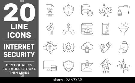 Modern thin line icons set of internet services and internet security. Simple linear pictogram pack. Vector logo concept for web graphics. Editable Stock Vector