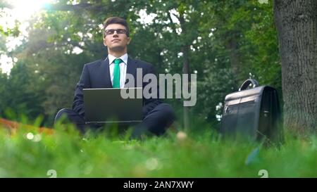 Young manager working on laptop in forest, enjoying nature, escape from office Stock Photo