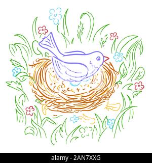 Illustration of a bird in a nest on eggs. Isolated icon, silhouette in linear style. Stock Vector
