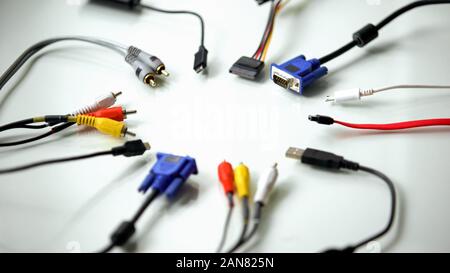 Different types of wire connectors for computer, modern pc technology, it sector Stock Photo