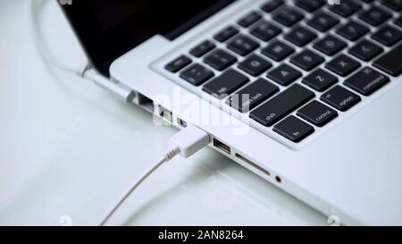 Usb cable connected to laptop, modern personal computer, office technology Stock Photo