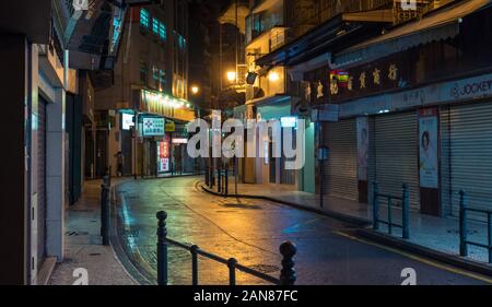 Macao, China - July 02, 2018: Night view of old building and street at Macau after rain