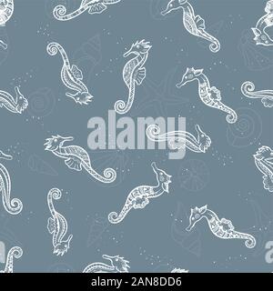 Cute hand drawn ornate sea horses seamless pattern, underwater theme background, great for fabrics, banners, wallpapers, wrapping - vector design Stock Photo