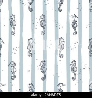 Cute hand drawn ornate sea horses seamless pattern, underwater theme background, great for fabrics, banners, wallpapers, wrapping - vector design Stock Photo