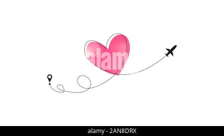 Love airplane route with pastel neon pink Heart dashed line trace and plane routes isolated on white background. Romantic wedding travel, Honeymoon Stock Vector