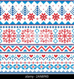 Winter, Christmas Fair Isle style traditional knitwear vector seamless pattern with snowflakes, trees and hearts Stock Vector