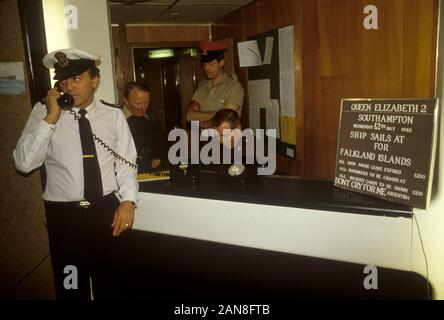 Falklands War. QE2 notice board Southampton Dock Wednesday 12 May 1982. Queen Elizabeth 11 sails for the Falklands. 1980s UK HOMER SYKES Stock Photo