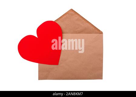 Craft Envelope with Red Heart Isolated on a White Background. Valentine's day concept. Romantic holiday card. Stock Photo
