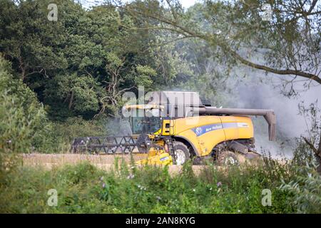 Side view of isolated UK combine harvester busy at work in the English countryside. Arable farming in the UK working with modern farm machinery. Stock Photo