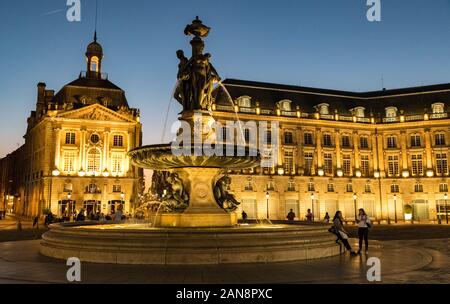 Bordeaux, France - 26th September, 2018:  Place de la Bourse in the city of Bordeaux at twilight . Stock Photo