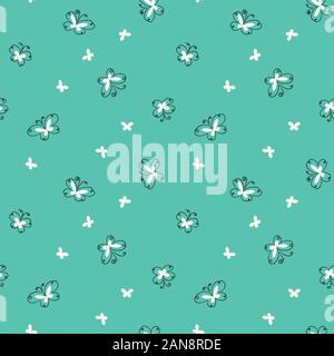simple doodle butterflies seamless vector pattern on mint background Stock Vector