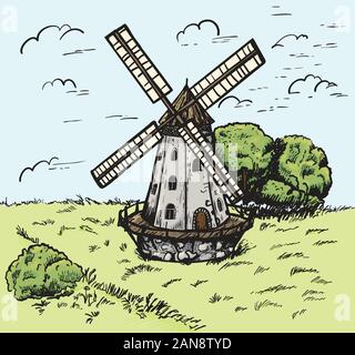 Windmill. Hand drawn sketch of mill. Engraving vintage style vector illustration. Stock Vector