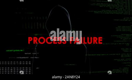 Process failure, unsuccessful program cracking, hacker on codes background Stock Photo