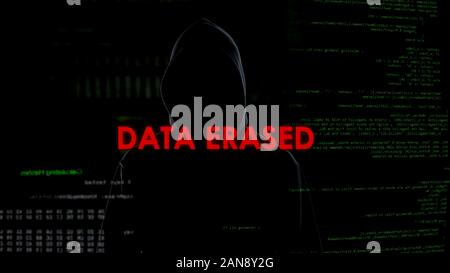 Data erased, unsuccessful attempt to hack server, criminal on codes background Stock Photo
