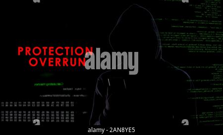 Protection overrun, faceless dark man hacking smartphone security system Stock Photo